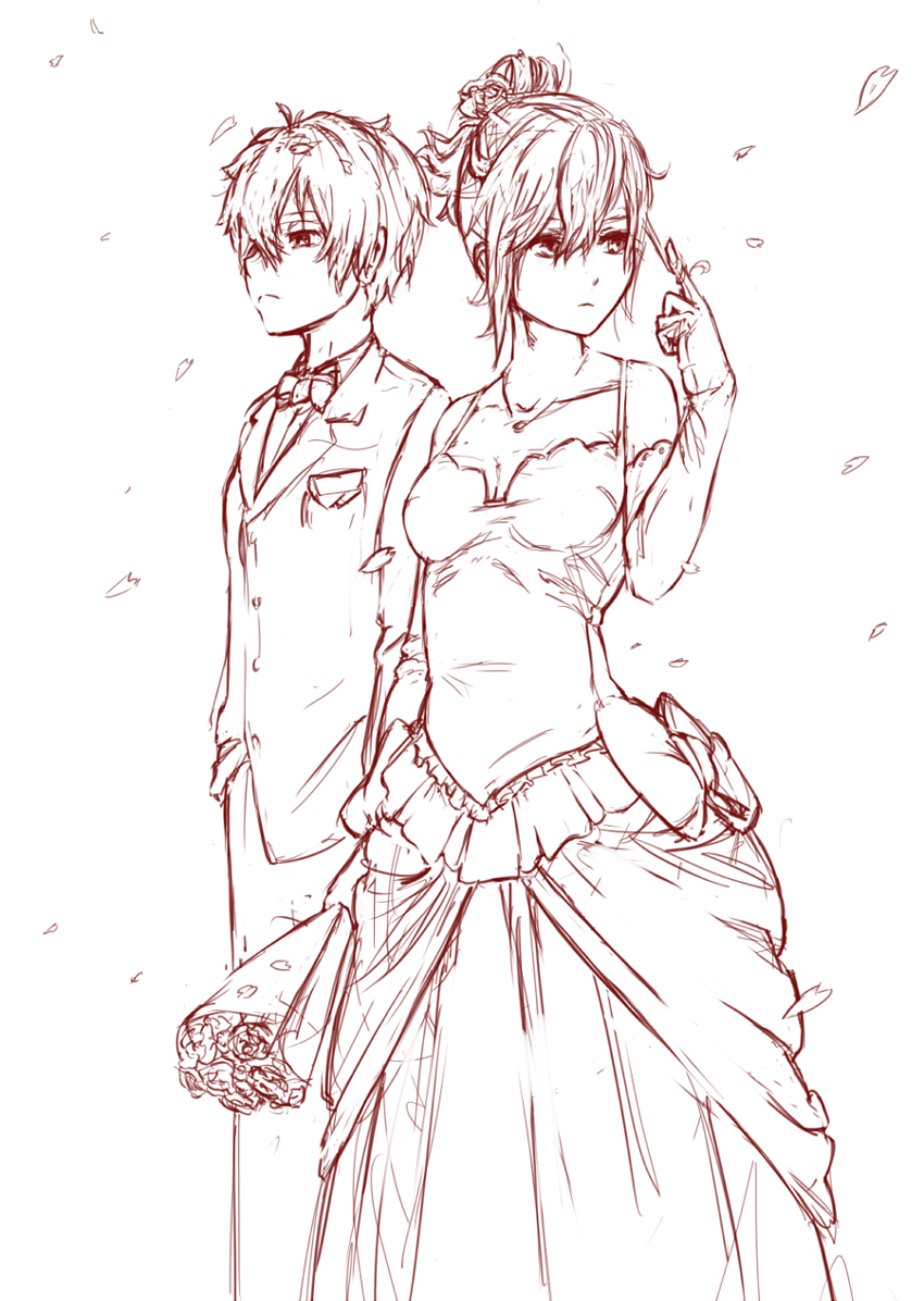 1girl arantheus bare_shoulders bouquet breasts dress elbow_gloves finger_twirl flower formal gloves hyouka jewelry monochrome necklace oreki_houtarou petals playing_with_hair sketch suit updo wedding_dress yamanishi_midori