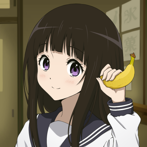 1girl banana banana_in_ear black_hair chitanda_eru cute dora_the_explorer food fruit holding holding_fruit hyouka indoors kyoto_animation light_smile long_hair looking_at_viewer lowres nickelodeon parody purple_hair school_uniform serafuku solo title_drop tokyo_mx waruiga