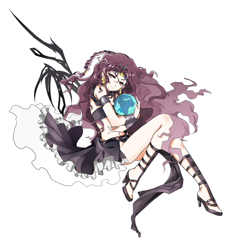 1girl cars_(jojo) dress earrings earth genderswap high_heels jewelry jojo_no_kimyou_na_bouken long_hair purple_hair red_eyes shoes skipwater solo tiara tubetop wings