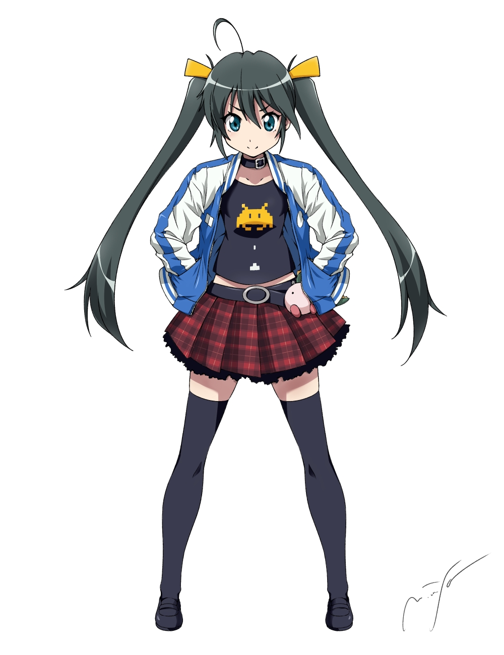 ahoge belt black_hair black_legwear blue_eyes blush collar hands_in_pockets highres jacket loafers long_hair looking_at_viewer onaya_masakazu open_clothes open_jacket original plaid plaid_skirt shoes skirt smile solo space_invaders thigh-highs thighhighs track_jacket twintails zettai_ryouiki