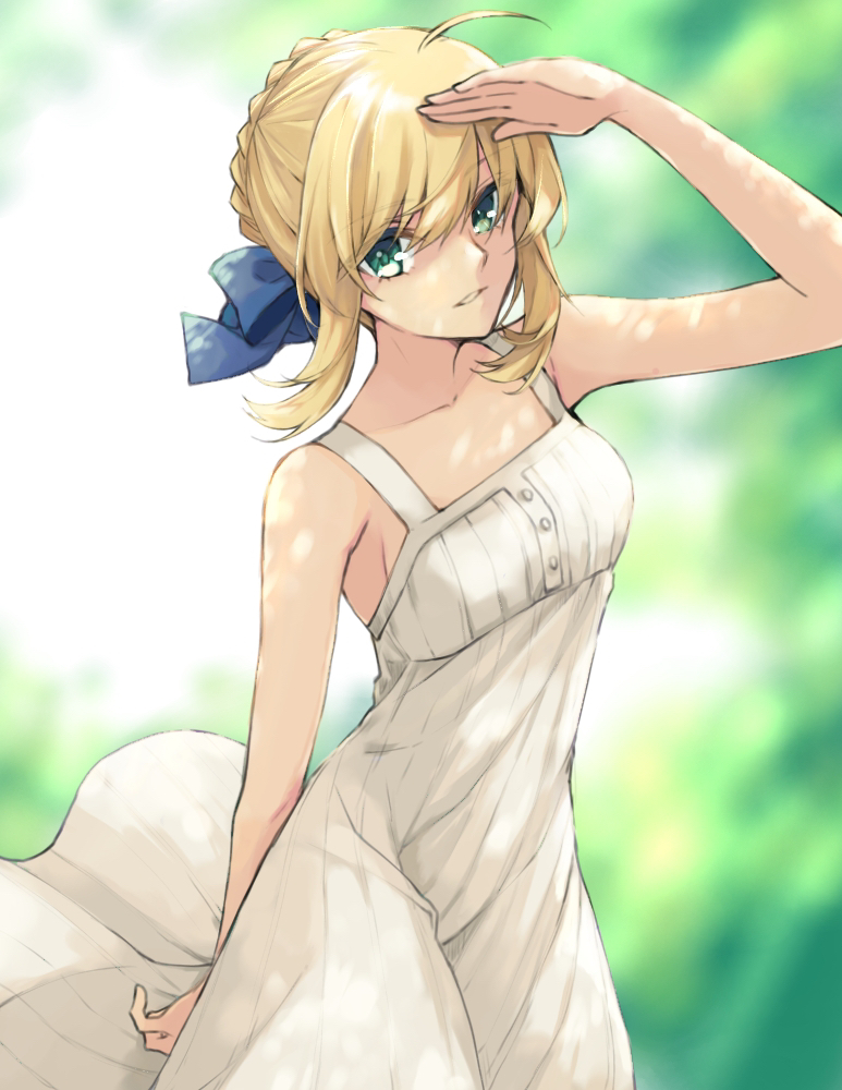 1girl ahoge arm_behind_back arm_up artoria_pendragon_(fate) bangs bare_arms blonde_hair blue_bow blurry blurry_background bow braid braided_bun breasts collarbone day dress eyebrows_visible_through_hair fate/stay_night fate_(series) green_eyes hair_between_eyes hair_bow hair_bun looking_at_viewer maru_(pixiv51714255) outdoors parted_lips saber short_hair_with_long_locks sideboob sidelocks sleeveless sleeveless_dress small_breasts solo white_dress