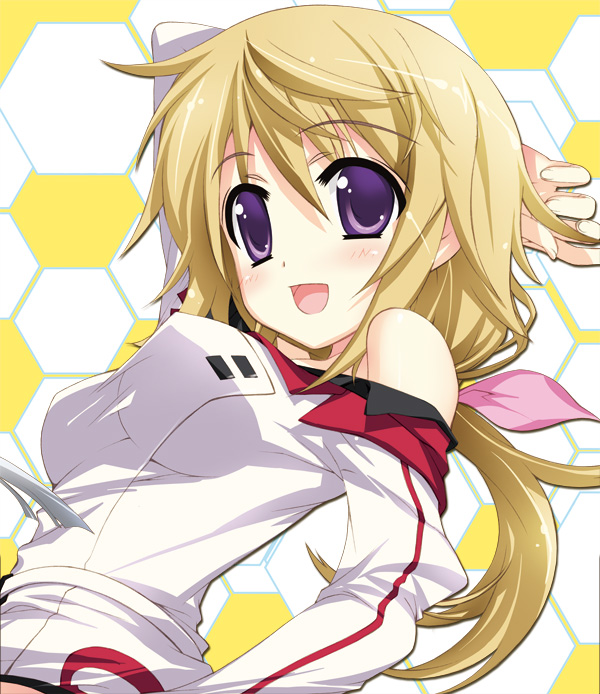 :d arm_up blonde_hair blush breasts charlotte_dunois fujima_takuya hair_ribbon infinite_stratos long_hair off_shoulder open_mouth purple_eyes ribbon smile solo violet_eyes