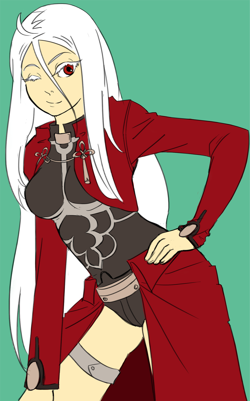 1girl ahoge archer archer_(cosplay) breasts contrapposto cosplay cropped_jacket deadman_wonderland drawfag eyelashes fate/stay_night fate_(series) hand_on_hip highres jacket leaning_forward leotard long_hair red_eyes red_jacket shiro_(deadman_wonderland) simple_background solo thigh_strap very_long_hair white_hair wink