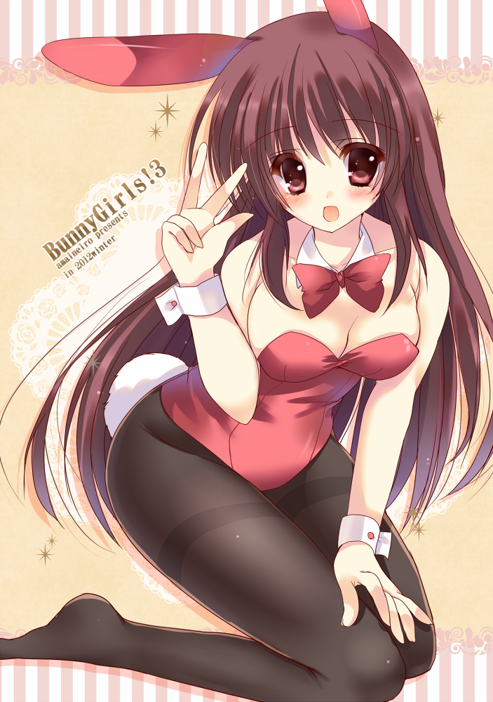 :d animal_ears bare_shoulders black_legwear blush breasts brown_hair bunny_ears bunny_girl bunnysuit cleavage collarbone detached_collar english ibukitouka leotard long_hair looking_at_viewer open_mouth original pantyhose rabbit_ears smile solo type_(artist) v