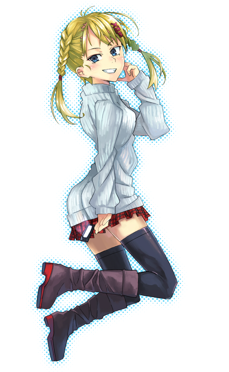 blonde_hair blue_eyes boots braid copyright_request grin hair_ornament highres kno1 light looking_back miniskirt skirt sleeves_past_wrists smile solo sweater thigh-highs thighhighs twin_braids twintails zettai_ryouiki