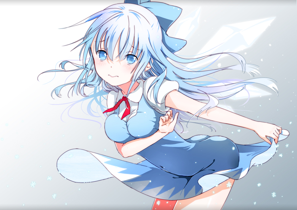 alternate_hair_length alternate_hairstyle ass blue_dress blue_eyes blue_hair blush bow breasts cirno cirno-nee dress dress_lift hair_bow ice ice_wings leaning_forward long_hair looking_at_viewer simple_background solo teenage touhou wings yamada_ranga