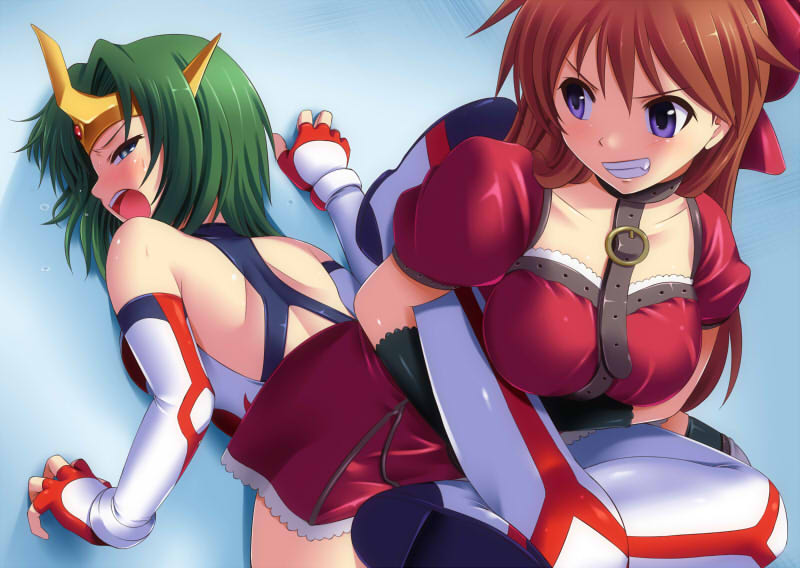 boots bow breasts brown_hair collar digdug006 dress green_eyes green_hair hair_ribbon leotard long_hair multiple_girls mutou_megumi open_mouth purple_eyes ribbon scorpion_deathlock short_hair sonic_cat submission submission_hold sweat thigh-highs thighhighs tiara very_long_hair violet_eyes wrestle_angels wrestle_angels_survivor wrestle_angels_survivor_2 wrestling wrestling_outfit