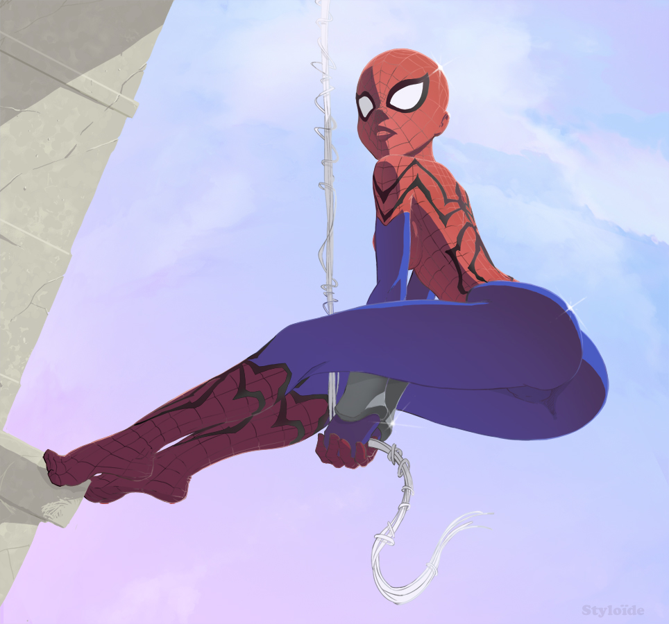 ass bodysuit breasts building cloud clouds feet genderswap glint hands_together lips marvel mask may_parker solo spider-girl spider-man spider-man_(series) spider_web styloide web