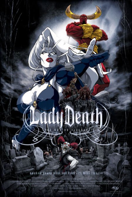 1girl armor beauty bikini blank_eyes breasts clouds cross deadly death demon demonic graveyard illistrated_death lady lady_death large lingerie movie_poster pale_skin satan swimsuit tombstone undead underwear white_hair white_skin