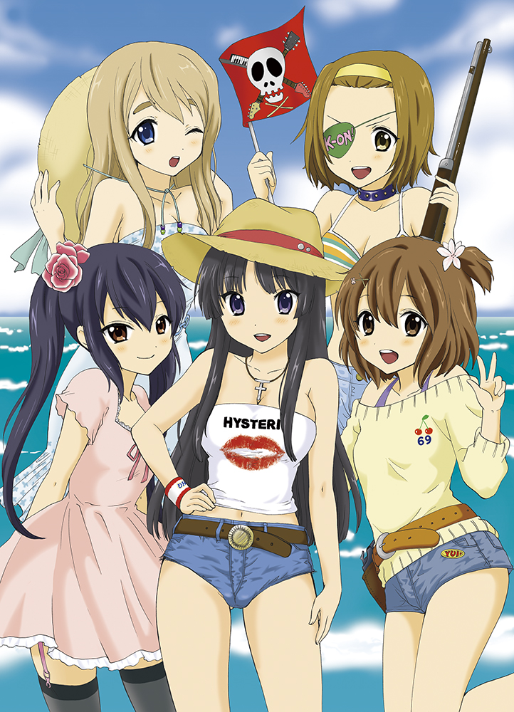 akiyama_mio bare_shoulders belt bikini_top black_eyes black_hair black_legwear blonde_hair blue_eyes blush breasts brown_eyes brown_hair casual cleavage cloud collar cross denim denim_shorts dress eyepatch flag flower fumitani_yasunori garter_straps gun hair_flower hair_ornament hairband hairclip hand_on_hip hat hirasawa_yui holster jewelry jolly_roger k-on! kotobuki_tsumugi lipstick_mark long_hair looking_at_viewer midriff multiple_girls nakano_azusa navel necklace purple_eyes rifle short_hair short_shorts shorts sky smile tainaka_ritsu thighhighs title_drop tubetop twintails v water weapon wink wristband zettai_ryouiki