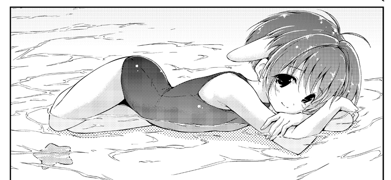 animal_ears antenna_hair crossed_arms galaxy_angel hamao light_smile lying mint_blancmanche monochrome on_side partially_submerged short_hair smile solo starfish water