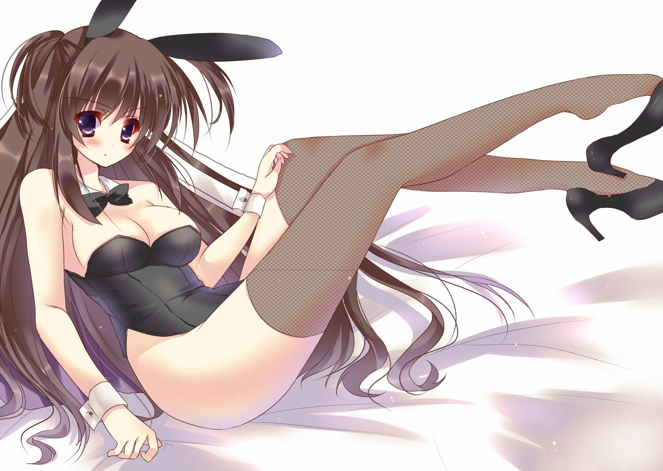 animal_ears breasts brown_hair bunny_ears bunny_tail bunnygirl bunnysuit cleavage copyright_request detached_collar feet fishnets high_heels legs long_hair ponytail purple_eyes rabbit_ears shoe_dangle shoes stockings tail thigh-highs thighhighs twintails type_(artist) very_long_hair violet_eyes wrist_cuffs