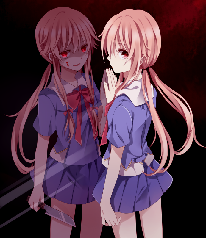 blood_on_face bow dark_background dark_persona dual_persona gasai_yuno hair_bow knife kouko looking_at_viewer looking_back low_twintails mirai_nikki mirror mirror_opposites payot pink_hair red_eyes skirt standing
