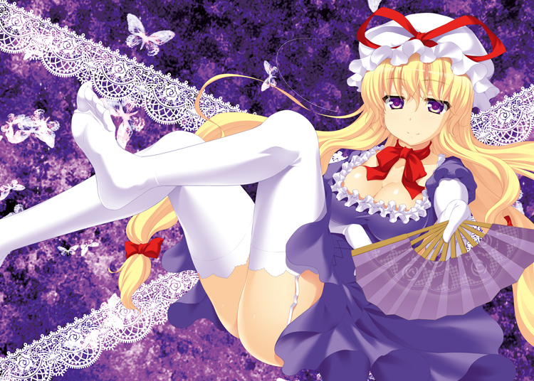 ass blonde_hair bow breasts butterfly cleavage dress elbow_gloves fan feet garter_straps gloves hair_ribbon hand_on_stomach hat hat_ribbon katagiri_chisato large_breasts long_hair looking_at_viewer no_shoes open_mouth outstretched_arm purple_dress purple_eyes ribbon short_sleeves solo thigh-highs thighhighs toes touhou tress_ribbon very_long_hair violet_eyes white_gloves white_legwear yakumo_yukari zettai_ryouiki