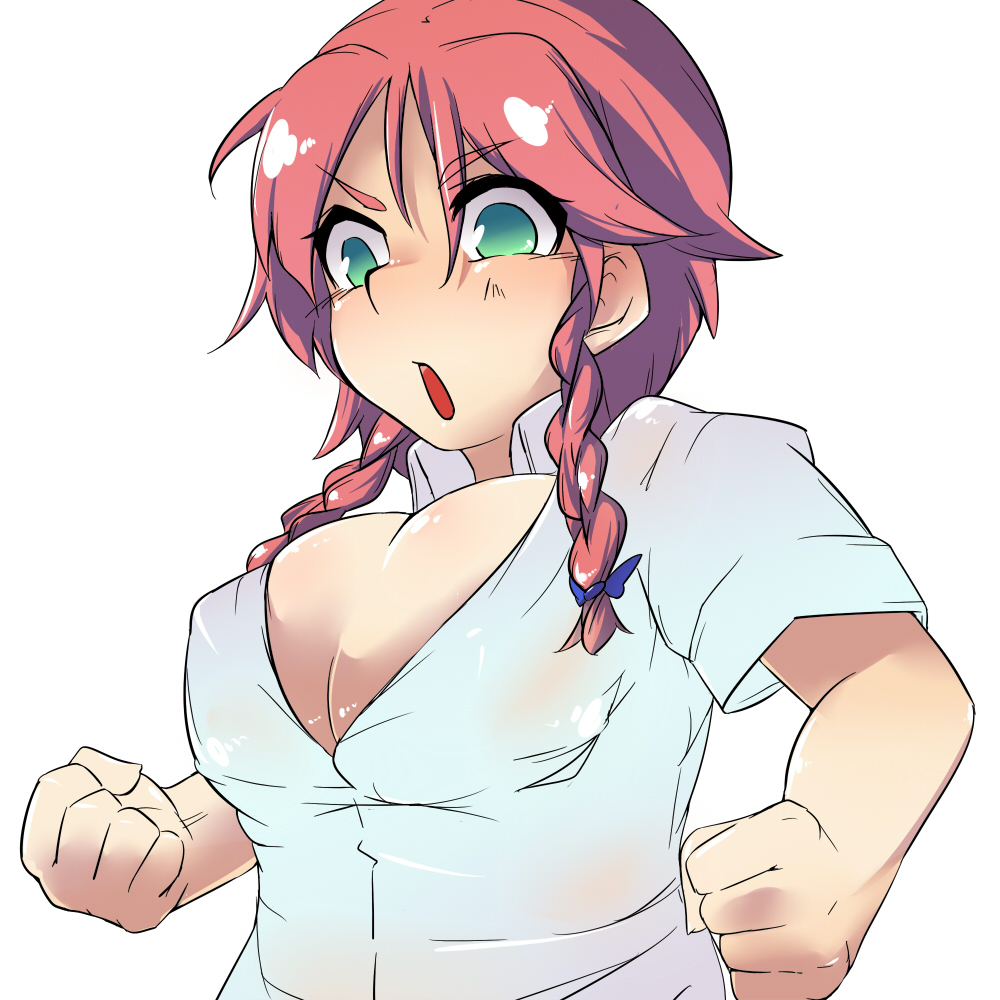 :o alternate_costume bacho braid breasts bursting_breasts cleavage clenched_hands green_eyes hong_meiling red_hair redhead shirt solo touhou twin_braids white_shirt