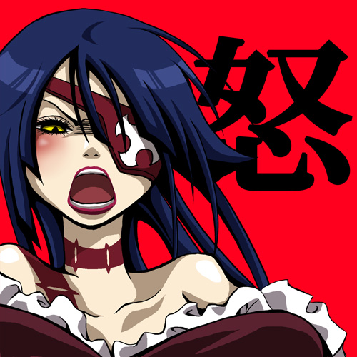 angry bad_id bare_shoulders blue_hair blush collarbone eyepatch long_hair lowres mk03 tengen_toppa_gurren_lagann yellow_eyes