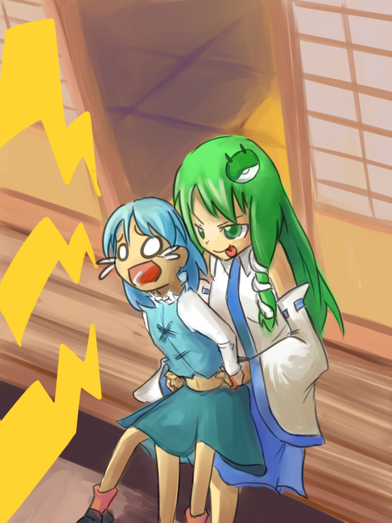 blue_hair denpa green_eyes green_hair kochiya_sanae laughing multiple_girls o_o sitting sitting_on_lap sitting_on_person tatara_kogasa tears tickling tongue touhou veranda zassou_maruko