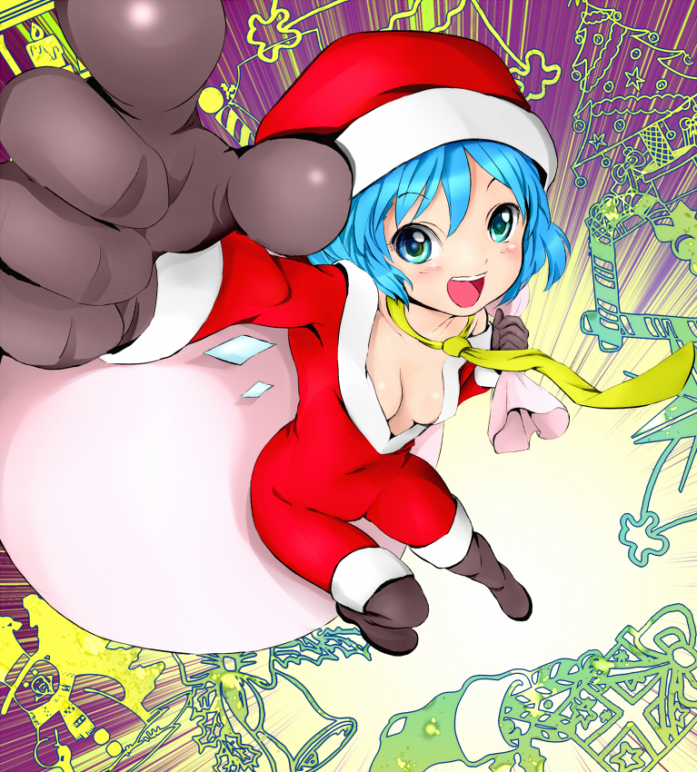 blue_eyes blue_hair bodysuit boots breasts christmas cirno cleavage foreshortening gloves hands necktie reri sack solo thighhighs touhou