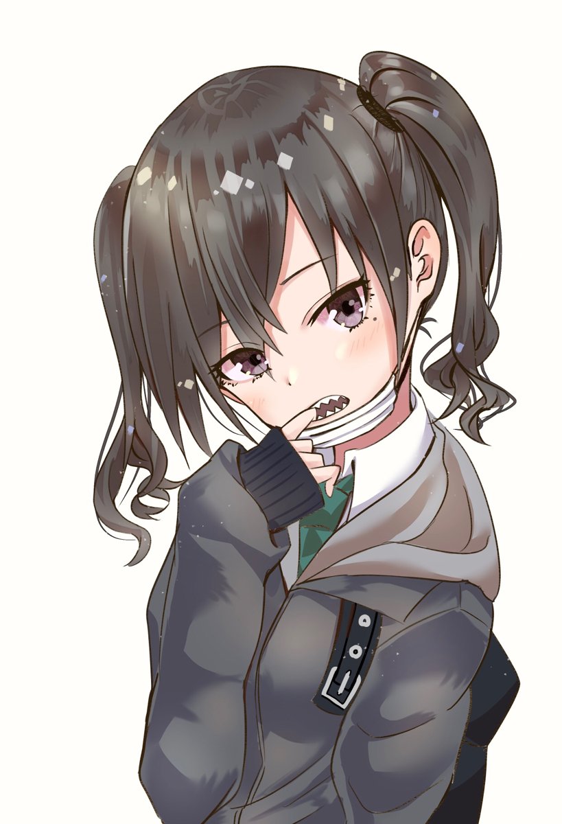 1girl :o bangs black_hair black_jacket blush brown_eyes collared_shirt commentary_request eyebrows_visible_through_hair finger_in_mouth green_neckwear hand_up head_tilt highres hood hood_down hooded_jacket idolmaster idolmaster_cinderella_girls jacket long_hair long_sleeves looking_at_viewer mole mole_under_eye necktie open_mouth ryouta_(ryouta335) sharp_teeth shirt sidelocks simple_background sleeves_past_wrists solo sunazuka_akira surgical_mask teeth twintails upper_body wavy_hair white_background white_shirt