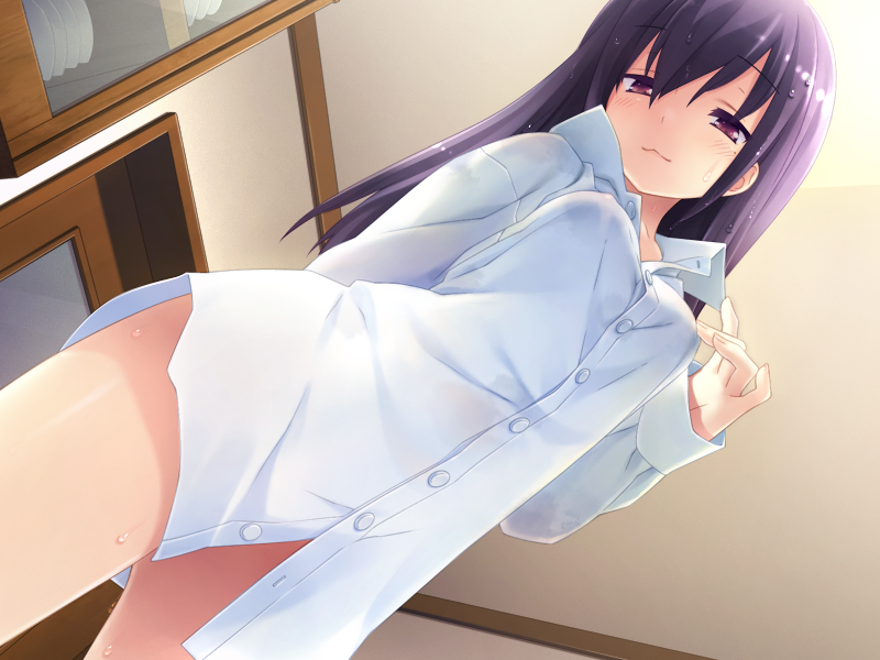 1girl cafe_sourire dress_shirt game_cg gayarou long_hair mole mole_under_eye naked_shirt purple_hair shirt solo wet wet_clothes wet_hair wet_shirt yukishita_miyuri