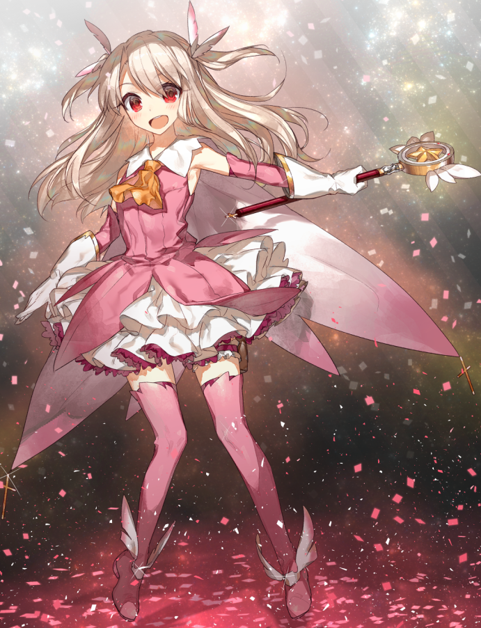 1girl :d ankle_wings ascot bangs bare_shoulders blush boots brown_hair cape chokoan_(tyokoa4649) cross dress dual_persona elbow_gloves eyebrows eyebrows_visible_through_hair fate/kaleid_liner_prisma_illya fate_(series) feathers frilled_skirt frills gloves hair_feathers illyasviel_von_einzbern kaleidostick leg_garter legs_apart long_hair looking_at_viewer magical_girl magical_ruby open_mouth pink_boots pink_dress pink_legwear prisma_illya red_eyes silver_hair skirt sleeveless sleeveless_dress smile solo staff standing thigh-highs thigh_boots two_side_up wand white_gloves white_hair