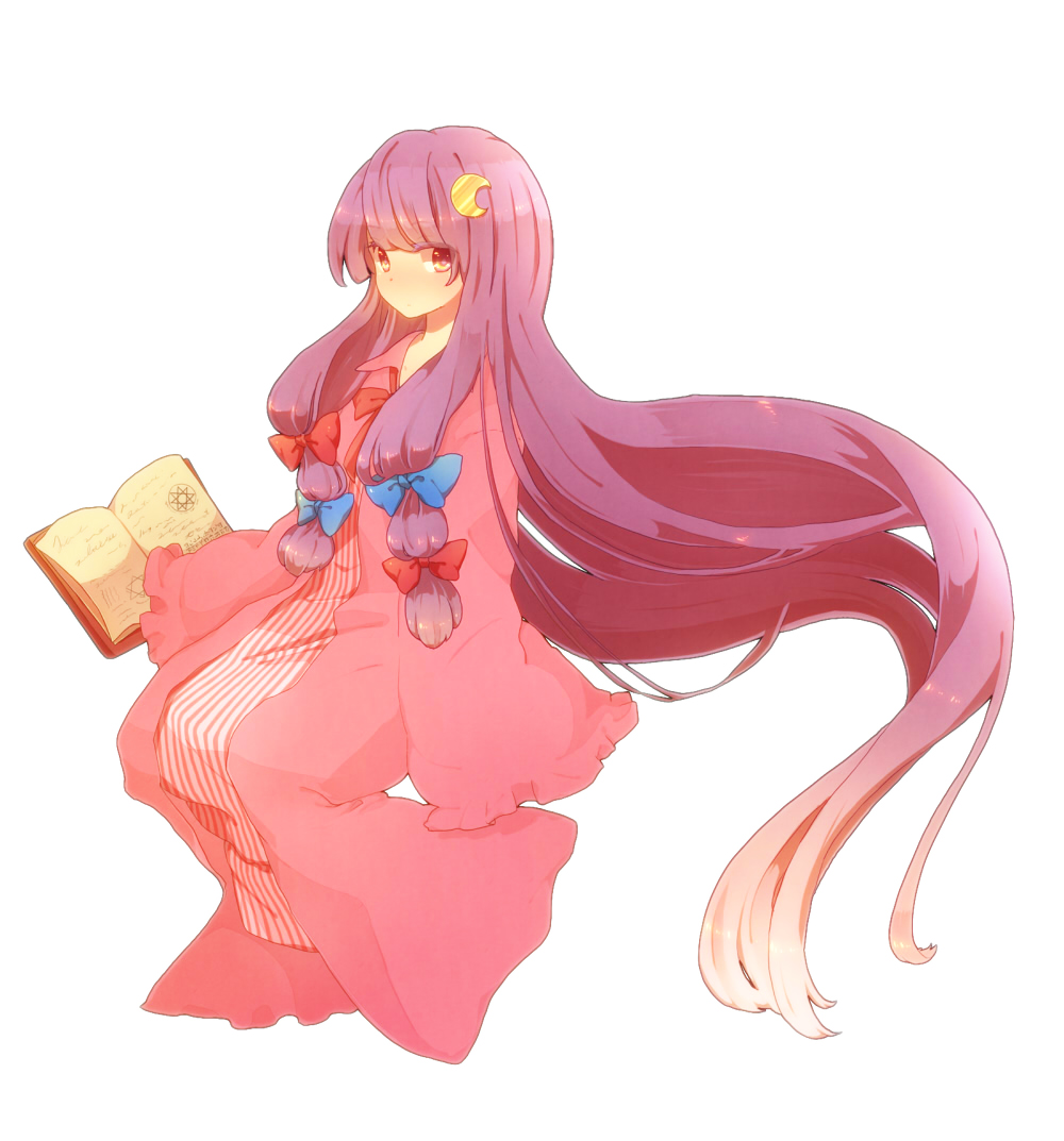 biij blunt_bangs book bow crescent crescent_moon hair_bow hair_ornament kurosujuu long_hair looking_at_viewer no_hat no_headwear open_book patchouli_knowledge pink purple_hair red_eyes robe sitting solo stare striped touhou very_long_hair violet_eyes