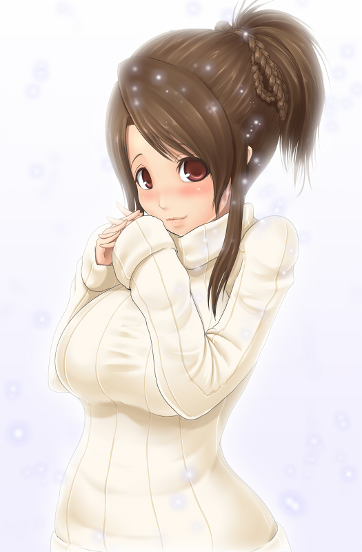 blush braid breasts brown_eyes brown_hair homura large_breasts ponytail ribbed_sweater snow snowing solo sweater taut_shirt turtleneck