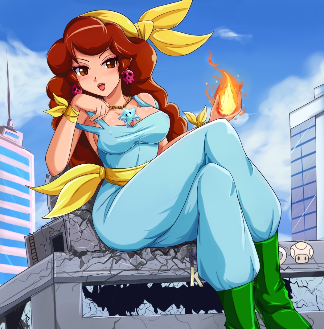 boots breasts broken brown_eyes brown_hair building captain_syrup cleavage cloud crossed_legs earrings erect_nipples fire flame giantess jewelry large_breasts long_hair necklace nintendo pants sash sigurdhosenfeld sitting skull sky skyscraper starman_(mario) super_mario_bros. tank_top taut_shirt wario_land