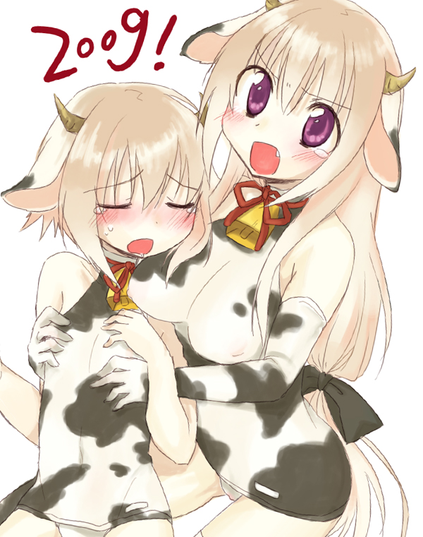 animal_ears bell blush breast_envy breast_grab breasts cow_bell cow_ears cow_girl cow_print elbow_gloves fang flat_chest flat_grab gloves halterneck horns loli long_hair miyoshino new_year one-piece_swimsuit pink_hair purple_eyes school_swimsuit short_hair swimsuit tears violet_eyes