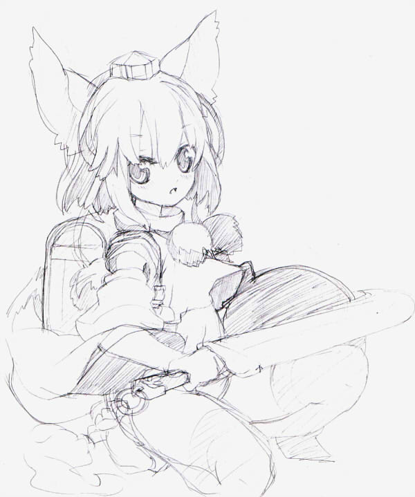 animal_ears backpack bad_id bag graphite_(medium) inubashiri_momiji monochrome shield sketch solo sword tail tm touhou traditional_media weapon wolf_ears wolf_tail