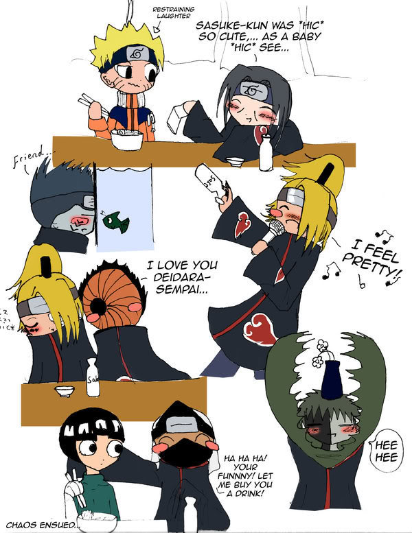 akatsuki_(naruto) black_hair blonde_hair blush chopsticks deidara drunk fish flower funny green_hair headband hoshigaki_kisame jinchuuriki jumpsuit kakuzu male mask microphone musical_notes naruto ramen rice rock_lee saki saucer simple_background singing tobi trenchcoat uchiha_itachi uzumaki_naruto vase white_background zetsu