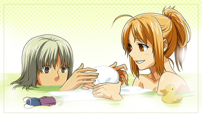 428 ahoge animal_ears bare_shoulders bath blonde_hair blush brown_eyes bubble canaan canaan_(character) duck hair_up liang_qi long_hair mknown mori_(unknown.) multiple_girls nude oosawa_maria ponytail rubber_duck short_hair steam tail towel underwater water wet white_hair