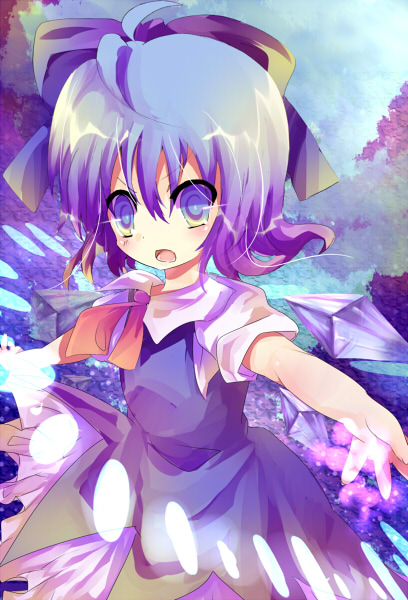 ahoge bad_id blue_eyes blue_hair bow cirno hair_bow open_mouth rarami solo touhou wings