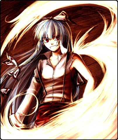 fire fujiwara_no_mokou hair_ribbon long_hair lowres red_eyes rex_k ribbon shirt silver_hair smile solo suspenders torn_clothes touhou white_shirt