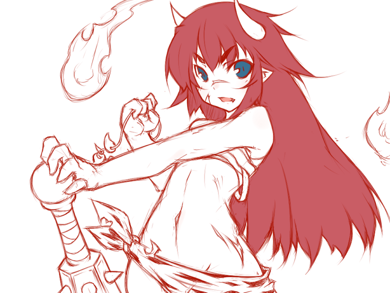 blue_eyes fang hands horns kazami_mioyoru kazami_ryouya long_hair monochrome oni pointy_ears red red_hair red_oni redhead scar sketch spiked_mace spot_color