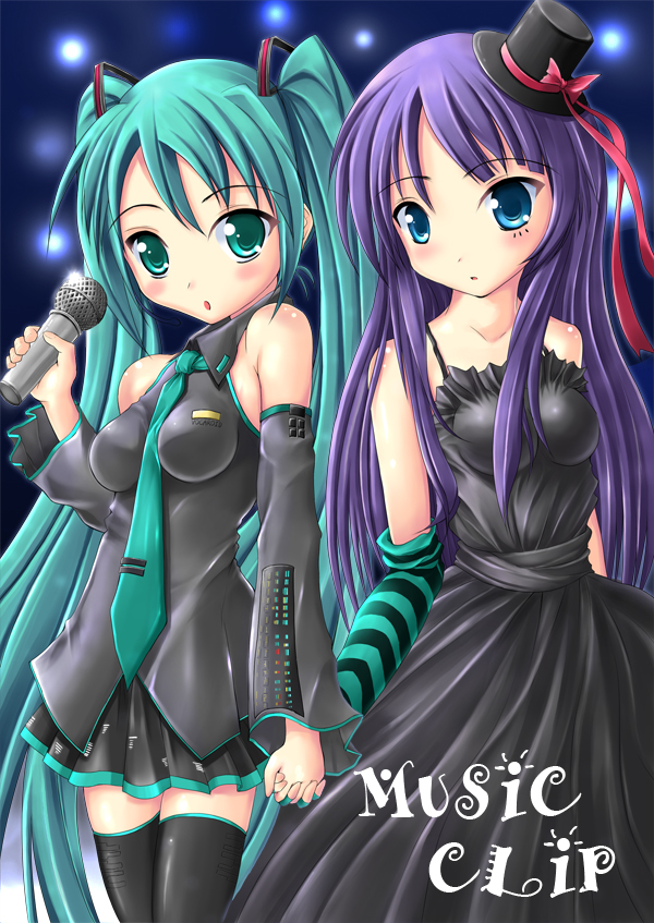 akiyama_mio between_breasts blue_eyes crossover detached_sleeves don't_say_lazy dress fingerless_gloves frills gloves green_eyes green_hair hand_holding hat hatsune_miku k-on! long_hair mini_top_hat necktie purple_hair syakatan thigh-highs top_hat twintails vocaloid