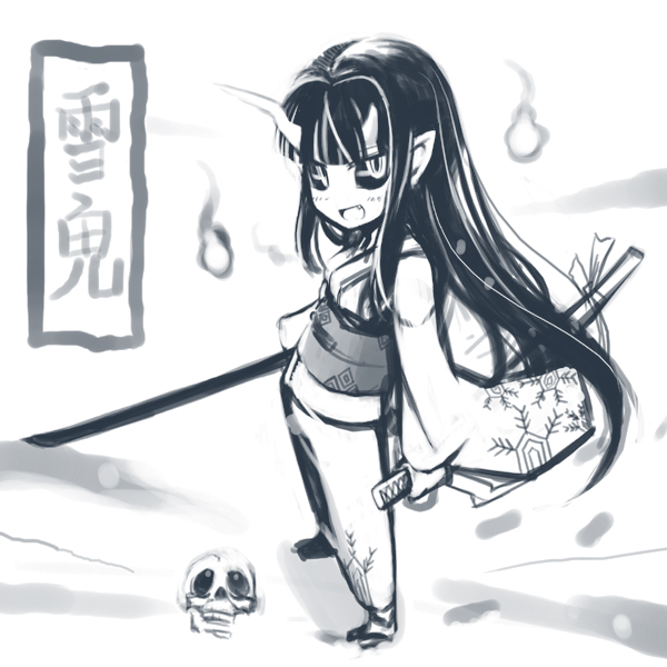 black_sclera blue blush child demon_girl fang grin horns japanese_clothes jingai_modoki katana kimono long_hair monochrome monster_girl ningai_modoki oni pointy_ears smile snow sword weapon