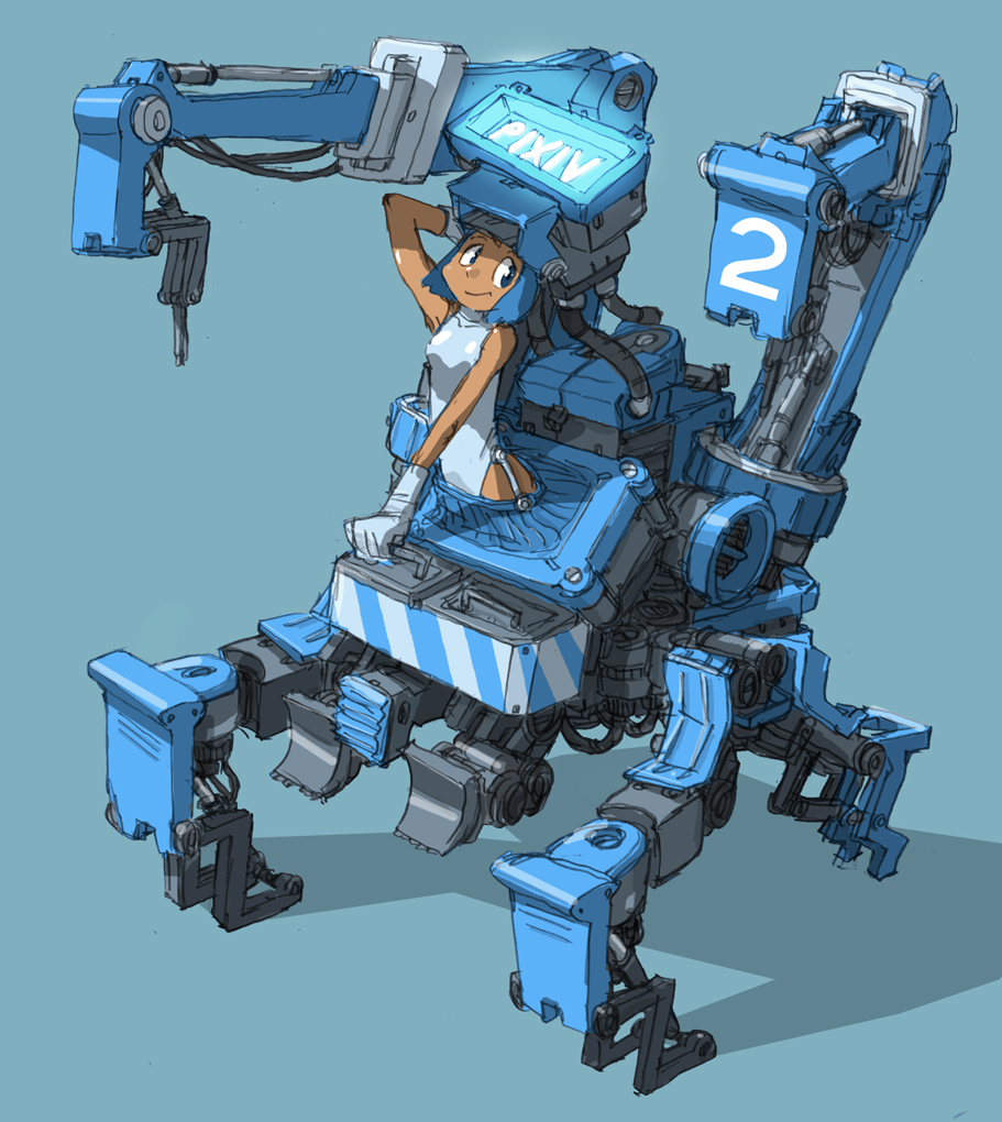 blue_hair gloves machine mecha mzn pixiv vehicle