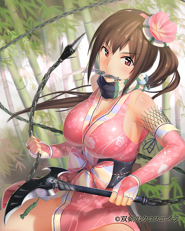 breasts bridal_gauntlets brown_eyes brown_hair chain chains character_request ddal flower genderswap hair_flower hair_ornament kama_(weapon) kusarigama large_breasts long_hair mouth_hold shishido_baiken sickle side_ponytail solo souken_no_cross_age weapon whip