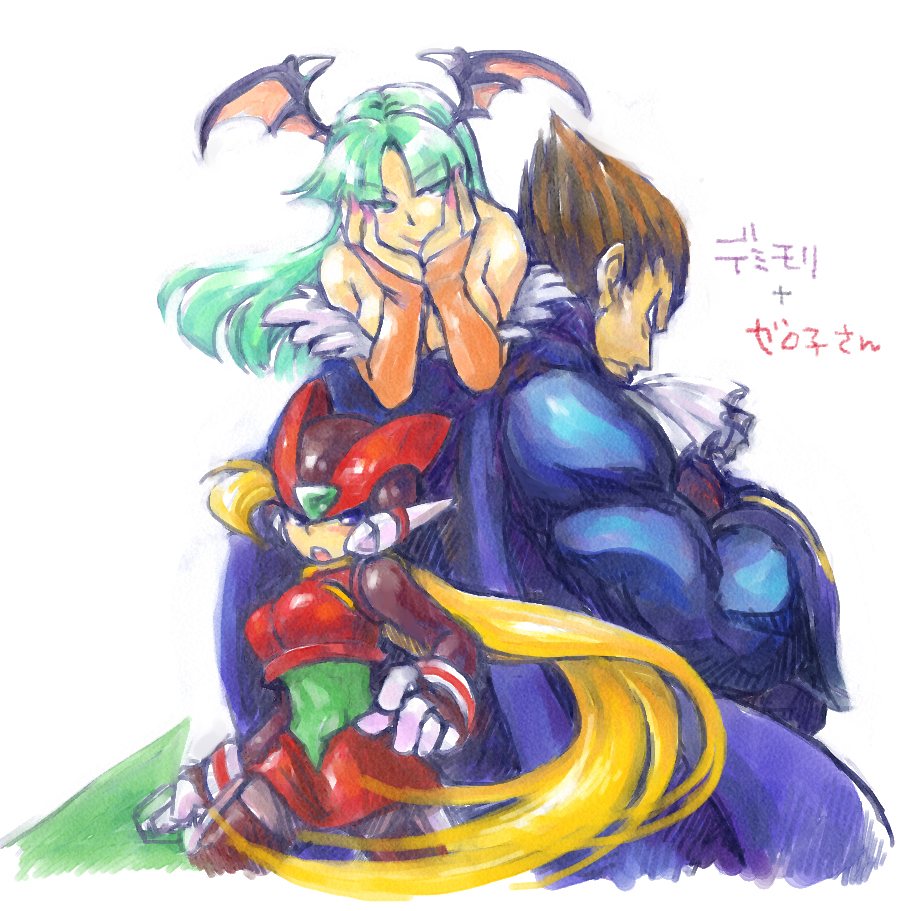2girls android bare_shoulders blonde_hair breasts bridal_gauntlets capcom cape chin_rest cleavage demitri_maximoff demon_girl garter_straps genderswap green_eyes green_hair head_wings helmet long_hair miniskirt morrigan_aensland multiple_girls muscle nail_polish ponytail rockman rockman_x rockman_zero size_difference skirt succubus thigh-highs thighhighs vampire_(game) very_long_hair wao_n zero_(rockman)