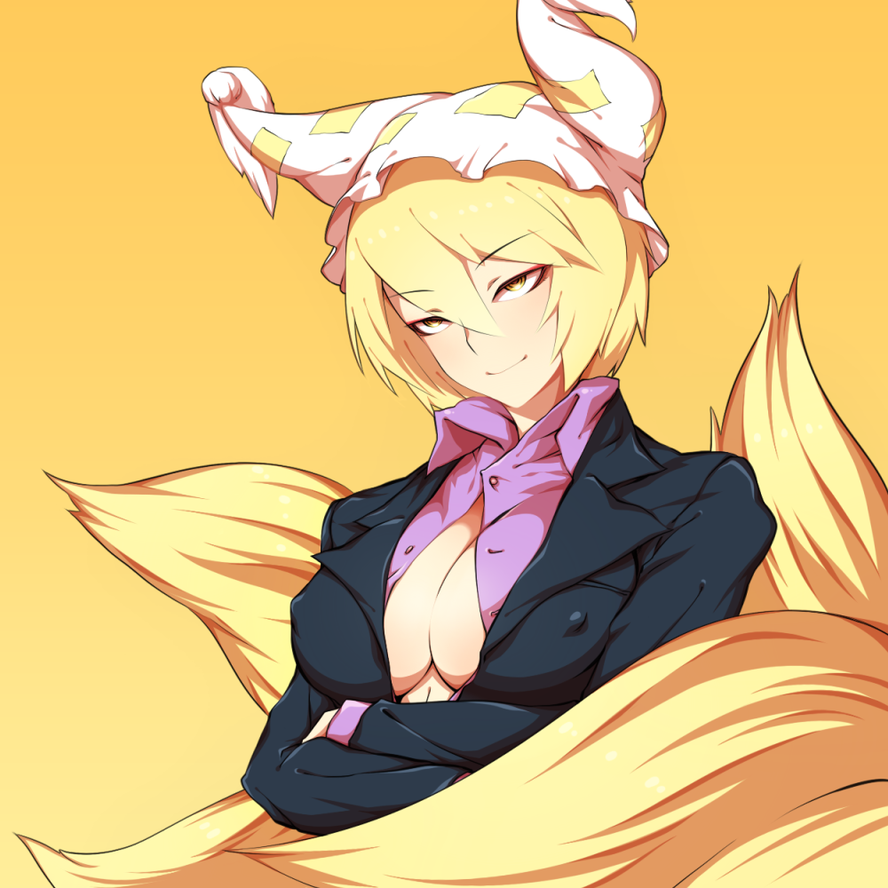 blonde_hair breasts bust cleavage contemporary crossed_arms erect_nipples formal fox_tail hat kaminari large_breasts multiple_tails no_bra simple_background smile smug solo suit tail touhou yakumo_ran yellow_background yellow_eyes