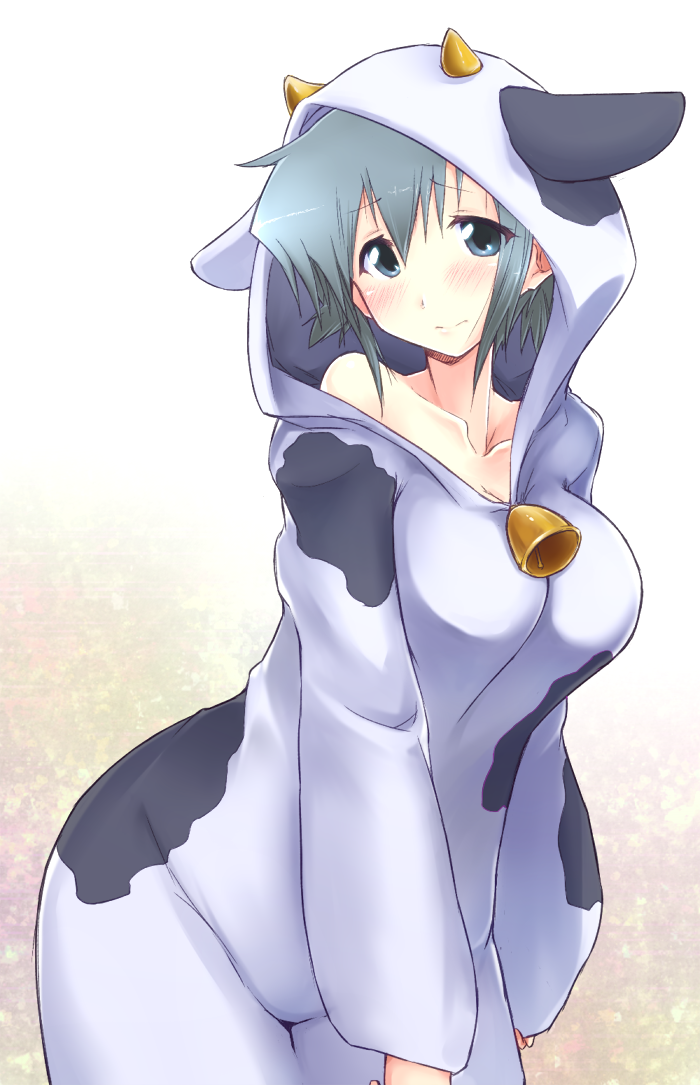 animal_costume animal_ears bell blue_eyes blush breasts cleavage collarbone cow_costume cow_ears cow_print do_(taka) grey_hair hidamari_sketch horns large_breasts looking_at_viewer nori short_hair smile solo