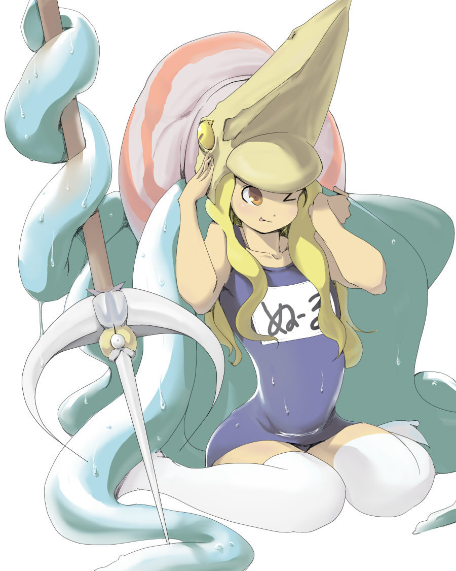 ;p blonde_hair capcom_fighting_jam conch flat_chest genderswap helmet kishuu long_hair midnight_bliss monster_girl nool one-piece_swimsuit polearm school_swimsuit sitting solo swimsuit tentacle tentacles thigh-highs thighhighs tongue trident wariza warzard weapon wet white_legwear wink yellow_eyes
