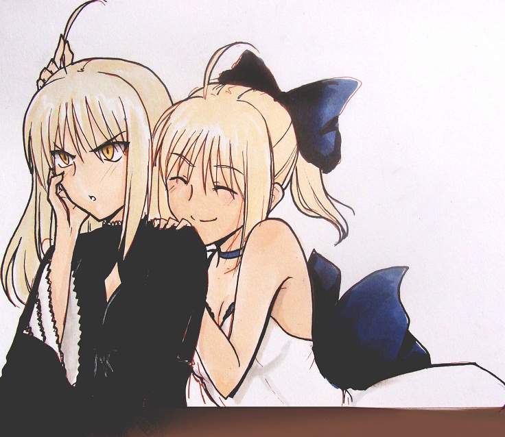 ahoge bare_shoulders blonde_hair bow breasts choker cleavage closed_eyes dress dual_persona eyes_closed fate/stay_night fate/unlimited_codes fate_(series) gothic_lolita hair_bow hair_down hug hug_from_behind ladymarta lolita_fashion long_hair multiple_girls playing_with_hair ponytail saber saber_alter saber_lily smile white_dress yellow_eyes