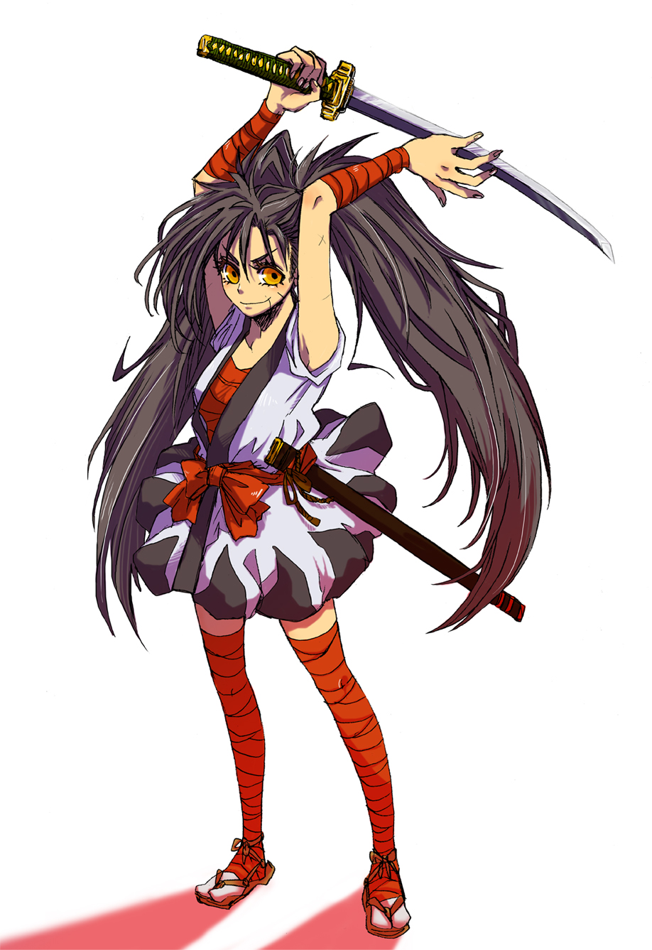 arms_up bandage bandages black_hair genderswap haoumaru highres inko_(cigarettes) japanese_clothes katana long_hair samurai_spirits sarashi scabbard sheath smile solo sword thigh-highs thighhighs twintails very_long_hair weapon yellow_eyes