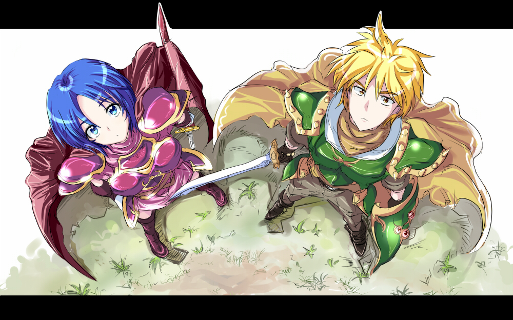 1girl armor astria blonde_hair blue_eyes blue_hair boots brown_eyes cape echizen fire_emblem fire_emblem:_mystery_of_the_emblem midia shield short_hair skirt sword weapon