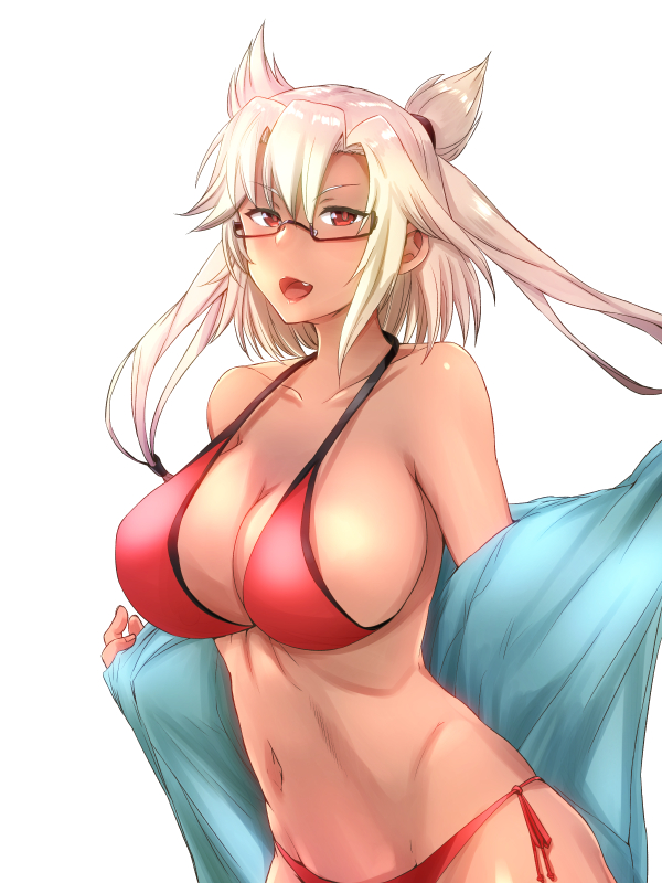 1girl alternate_costume bangs bikini blonde_hair breasts cleavage collarbone dark_skin eureka_(eureka-0075) eyebrows_visible_through_hair fang glasses groin hair_between_eyes kantai_collection large_breasts long_hair looking_at_viewer musashi_(kantai_collection) navel open_mouth pointy_hair red_bikini red_eyes semi-rimless_eyewear shirt short_hair_with_long_locks side-tie_bikini simple_background smile solo stomach swimsuit toned twintails two_side_up undressing white_background