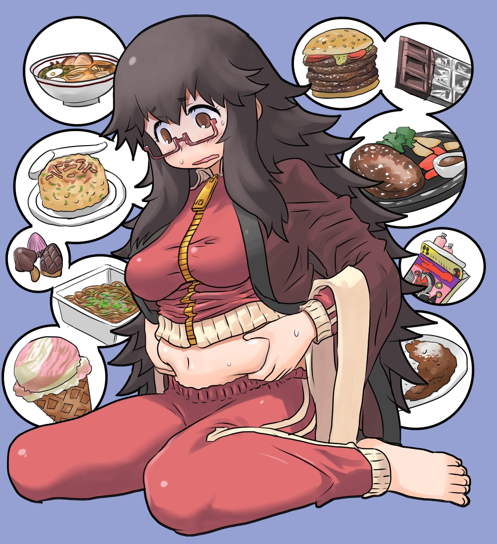 barefoot belly_grab black_hair blush breasts brown_eyes candy chocolate coat curry food fried_rice frown glasses hamburger highres ice_cream kamen_rider kamen_rider_wizard kamen_rider_wizard_(series) laren_door large_breasts long_hair matsuda_yuusuke messy_hair navel noodles original plate plump purple_background ramen red-framed_glasses semi-rimless_glasses simple_background sitting solo steak sweat sweatdrop toenails toes track_suit tummy_grab very_long_hair wariza wavy_mouth weight_conscious yonezawa_natsumi yuusha_to_maou zipper
