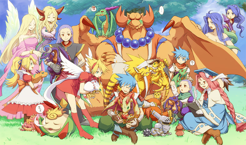 ... ? amino-san angel_wings animal_ears annotated bandage bandages beads blonde_hair blue_hair breath_of_fire breath_of_fire_iii bunny_ears closed_eyes deis dress eyes_closed garr glasses hairband hat honey_(breath_of_fire) long_hair momo momo_(breath_of_fire) myria nina_(breath_of_fire_iii) nude open_mouth peco peco_(breath_of_fire) ponytail red_eyes rei_(breath_of_fire) ryuu_(breath_of_fire_iii) short_hair sleeping teepo white_wings wings z