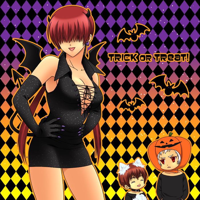 2boys alternate_costume animal_ears bare_shoulders bat bat_wings black_dress black_gloves breasts cat_ears checkered checkered_background chris cleavage collar demon_tail dress earrings elbow_gloves fake_animal_ears gloves hair_over_eyes halloween hands_on_hips hat heart heart_earrings jack-o'-lantern jack-o'-lantern jewelry king_of_fighters minidress multiple_boys nail_polish nanakase_yashiro pluco red_eyes red_hair redhead shermie solo split_ponytail tail twintails white_hair wings